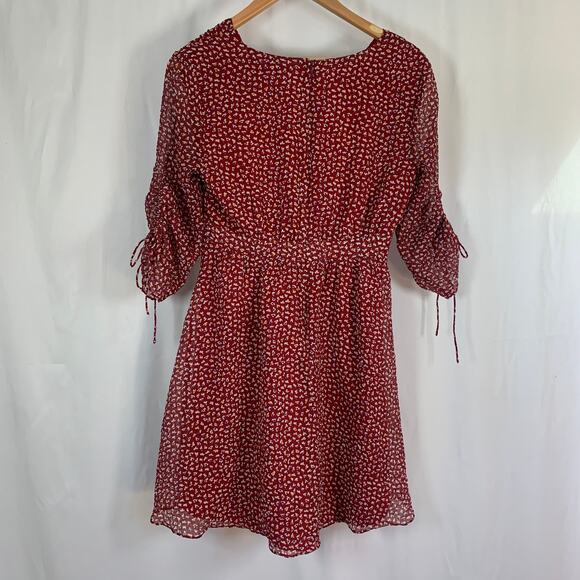 Madewell Red Floral Mini Dress Size 4 V-Neck Ruched Sleeves Lined Flowy Fit - Picture 6 of 9